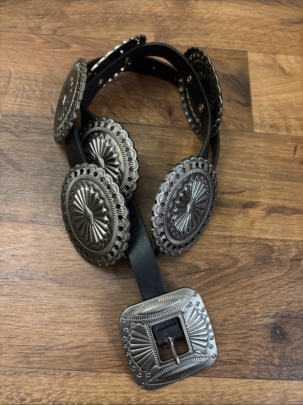 Men's Black Concho Belt with Silver Western Medallions